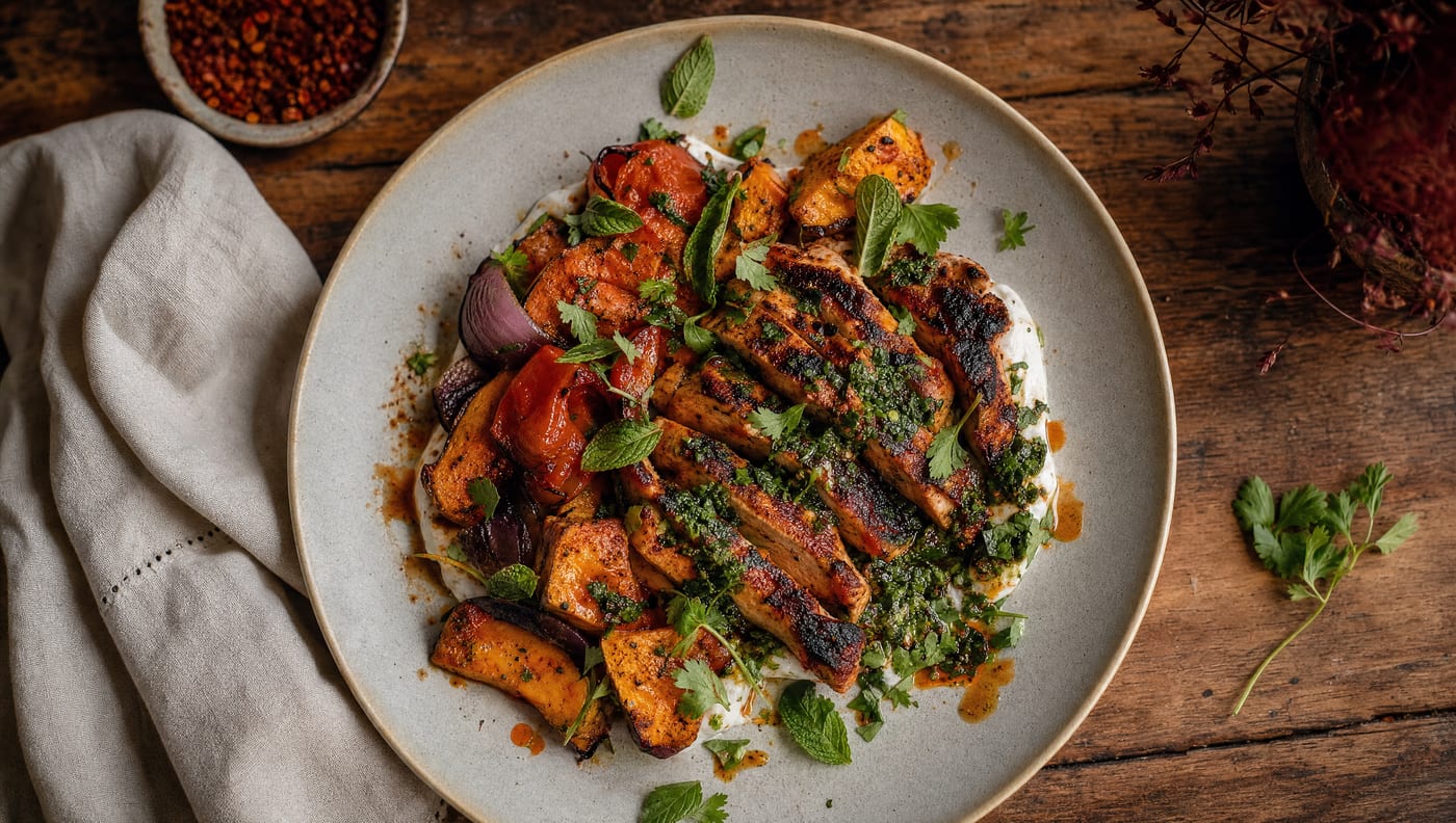 Charred harissa chicken with herbs and roasted vegetables