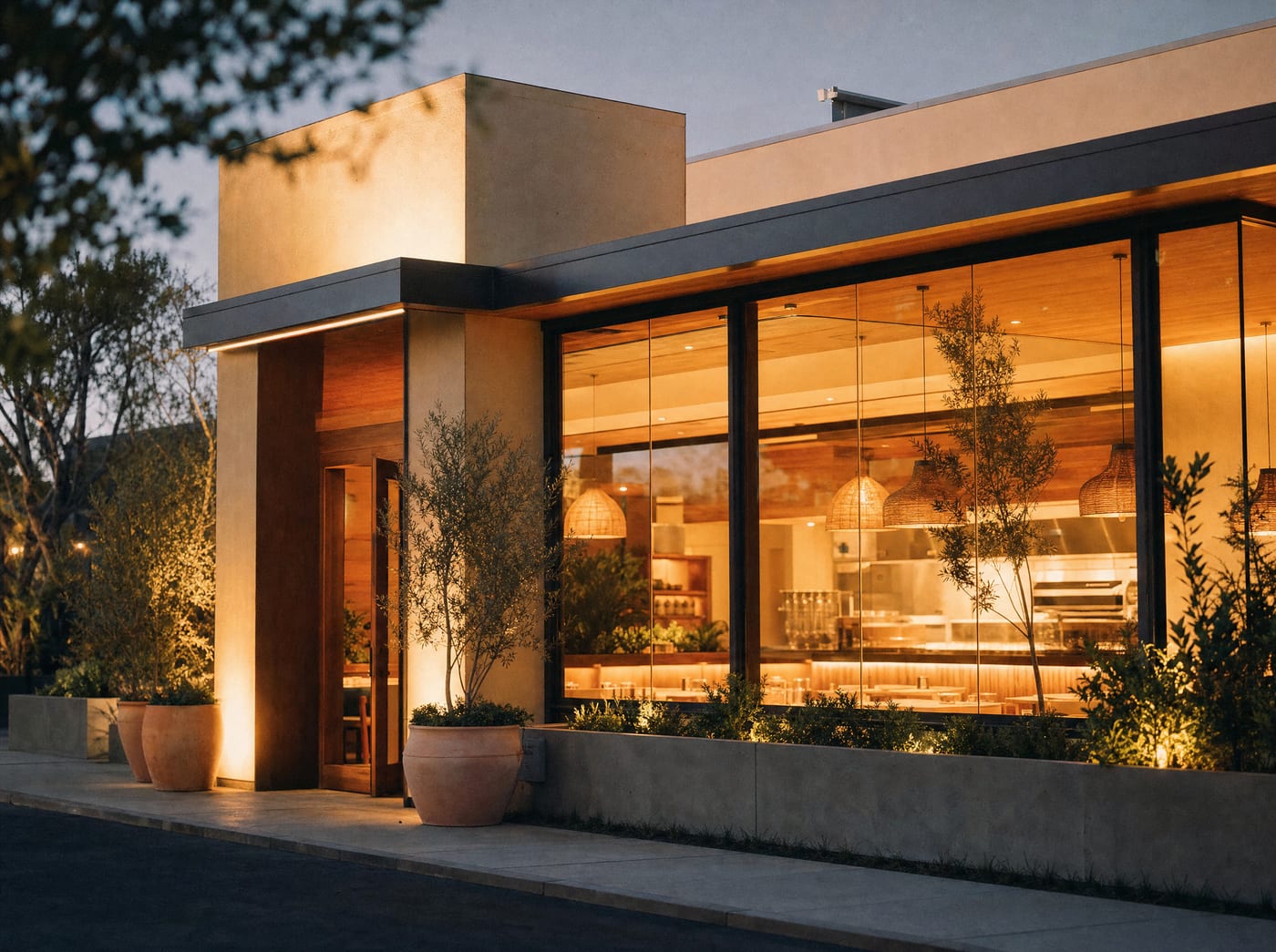 A modern upscale restaurant storefront glowing at dusk